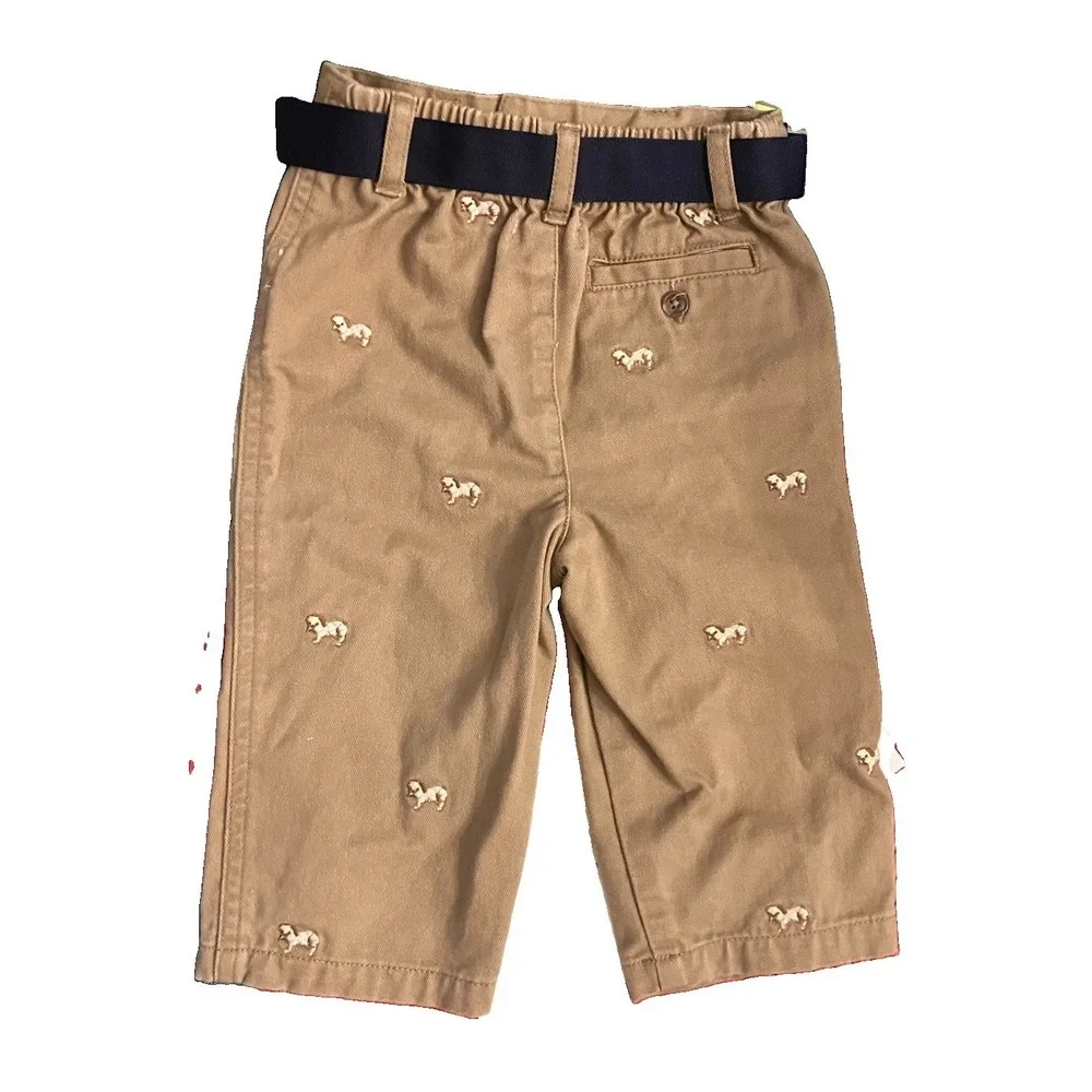Ralph‎ Lauren Baby Khaki Pants Embroidered Dog Print Sz 9M Belt Preppy